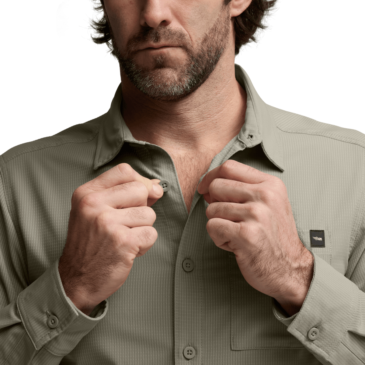 Men's long-sleeve shirt in oak tan, close-up of collar and buttoned placket