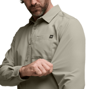 Oak tan long-sleeve button-up shirt close-up of chest pocket and button placket