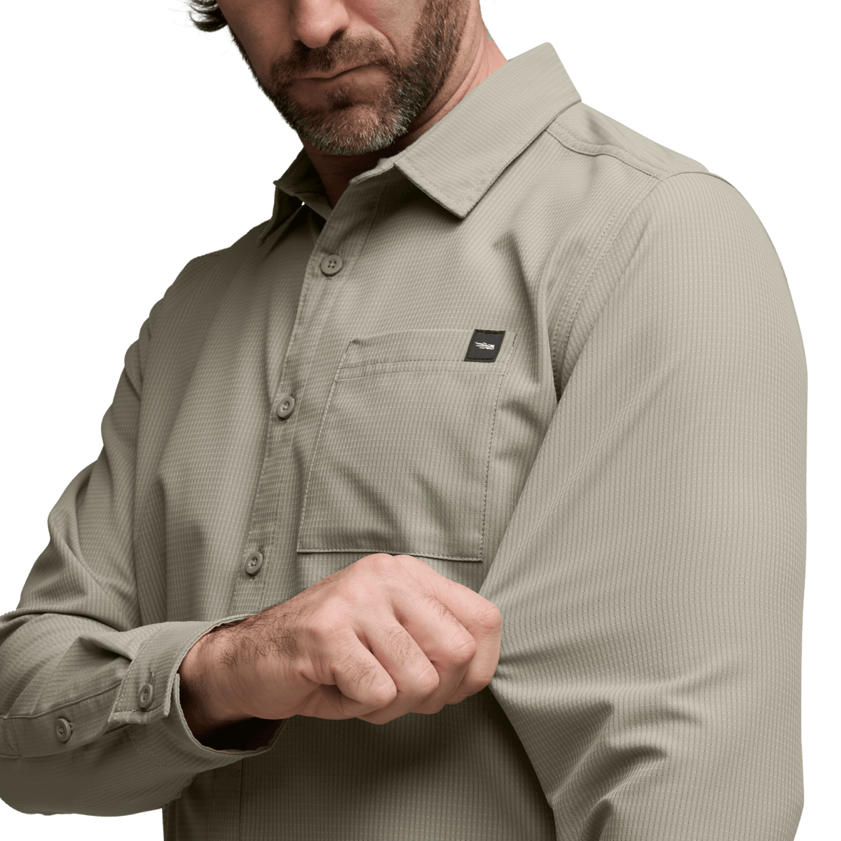 Oak tan long-sleeve button-up shirt close-up of chest pocket and button placket
