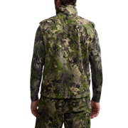 Back view of green camouflage zip vest with high collar and full-length zipper