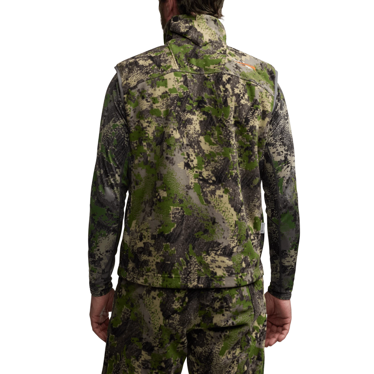 Back view of green camouflage zip vest with high collar and full-length zipper