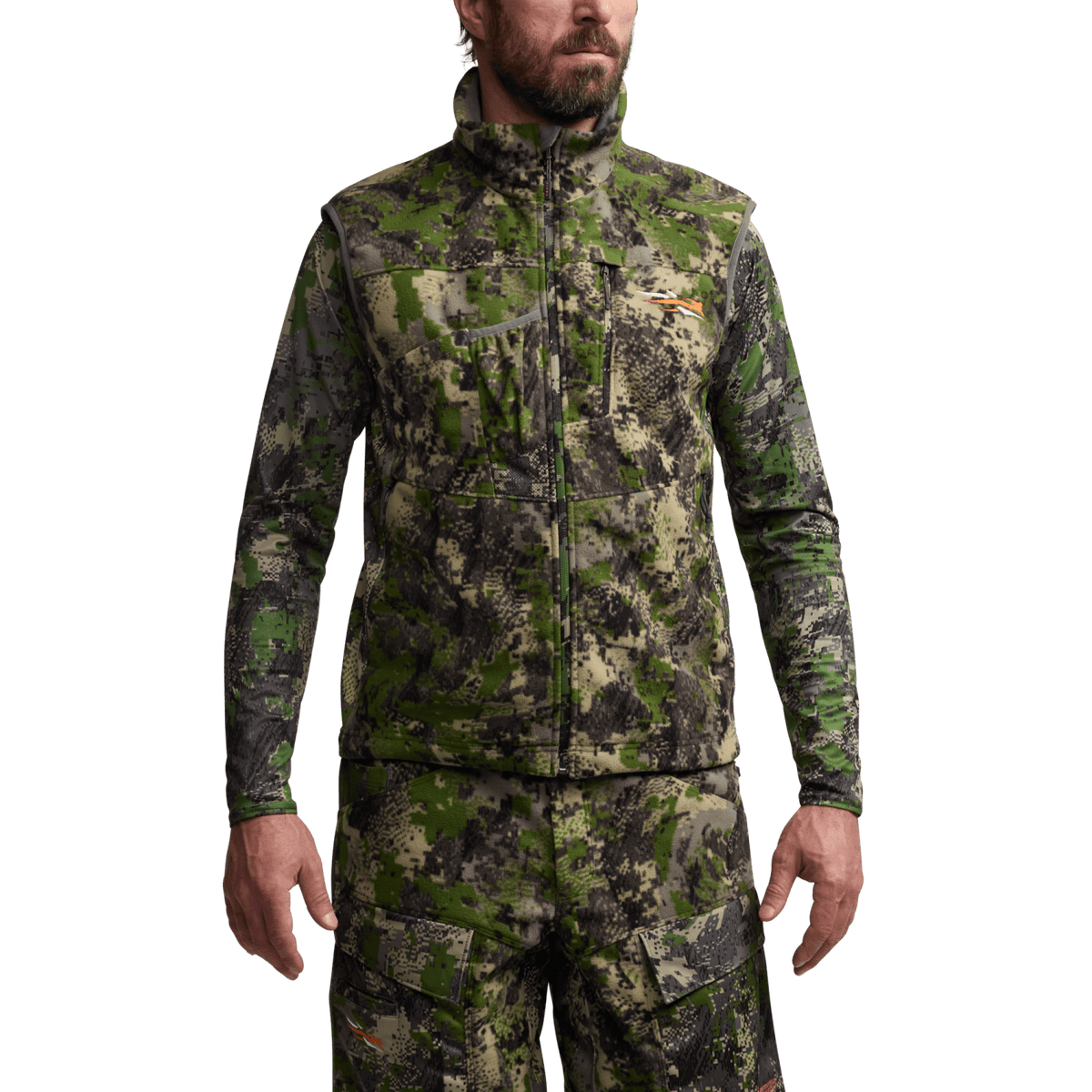 Green camouflage full-zip hunting vest with stand collar, worn on a model