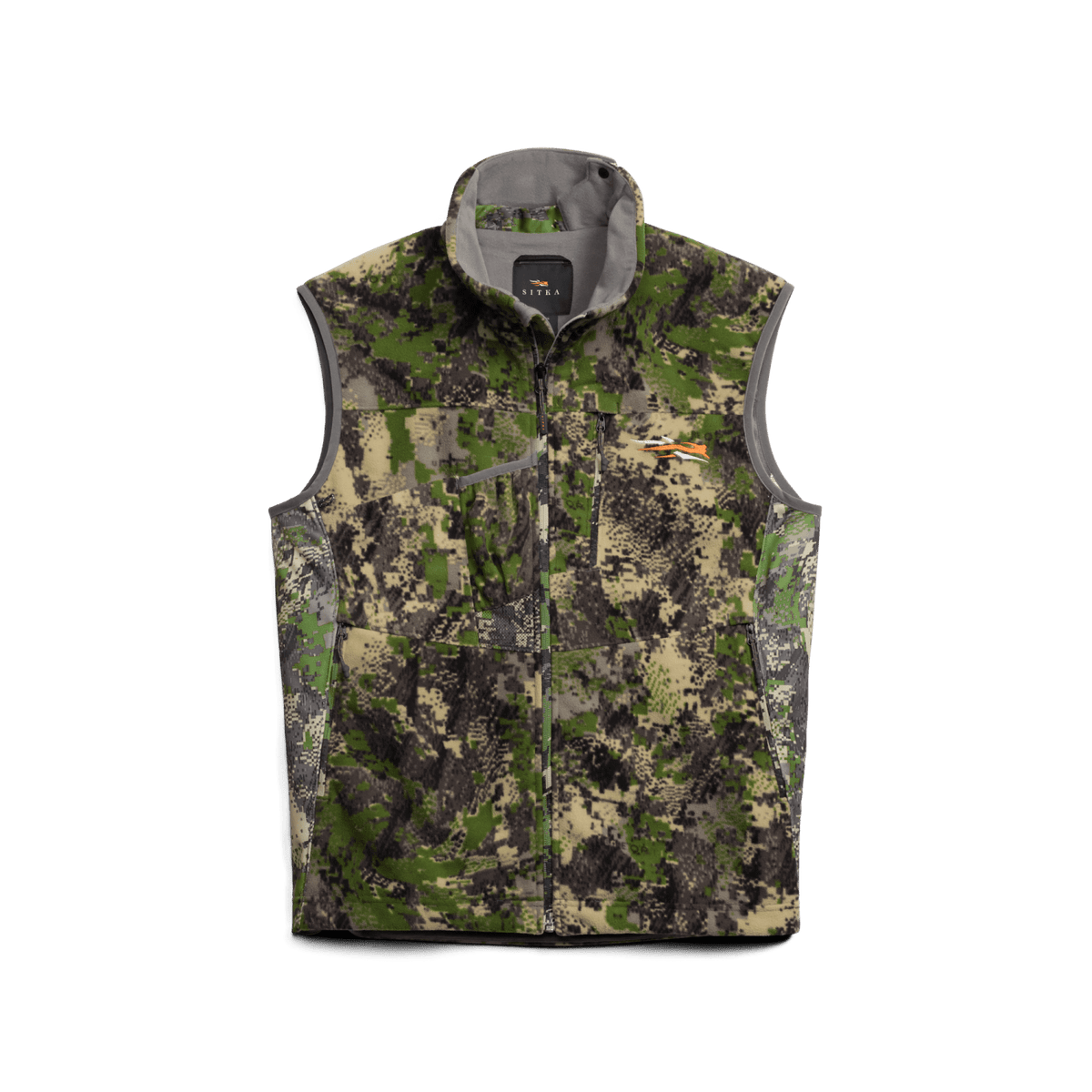 Stratus Vest 2.0 camouflage full-zip vest with stand collar and chest pockets, green