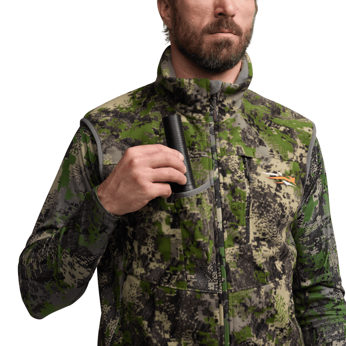 Green camo zip vest with high collar, chest pocket, and zipper area strap