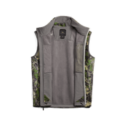 Camo sleeveless vest with full-zip front, stand collar, and gray solid interior panels
