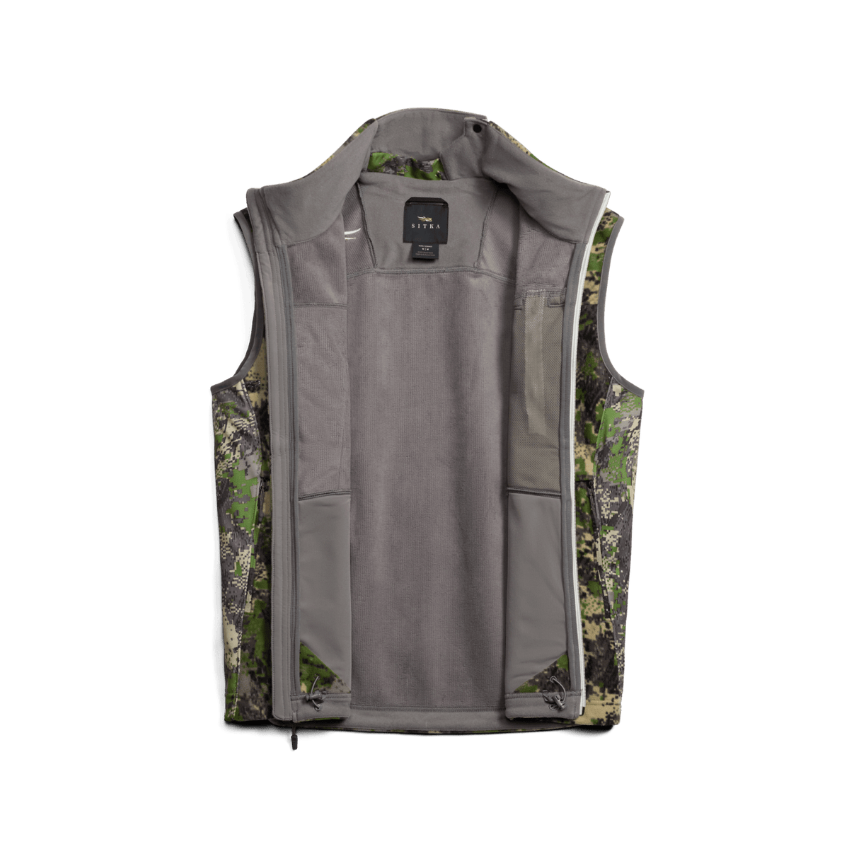 Camo sleeveless vest with full-zip front, stand collar, and gray solid interior panels