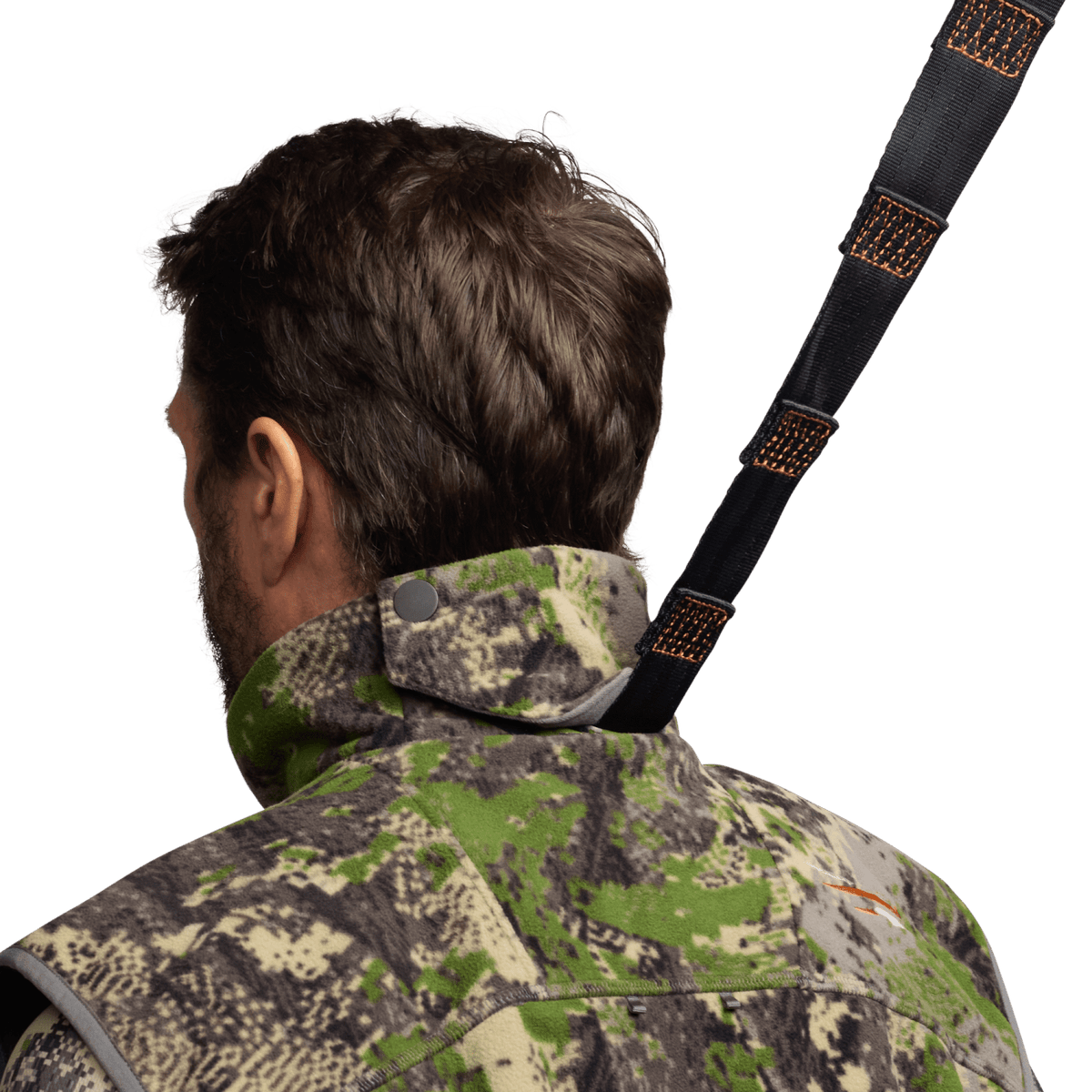 Camouflage vest collar and shoulder detail with padded strap loops at the back