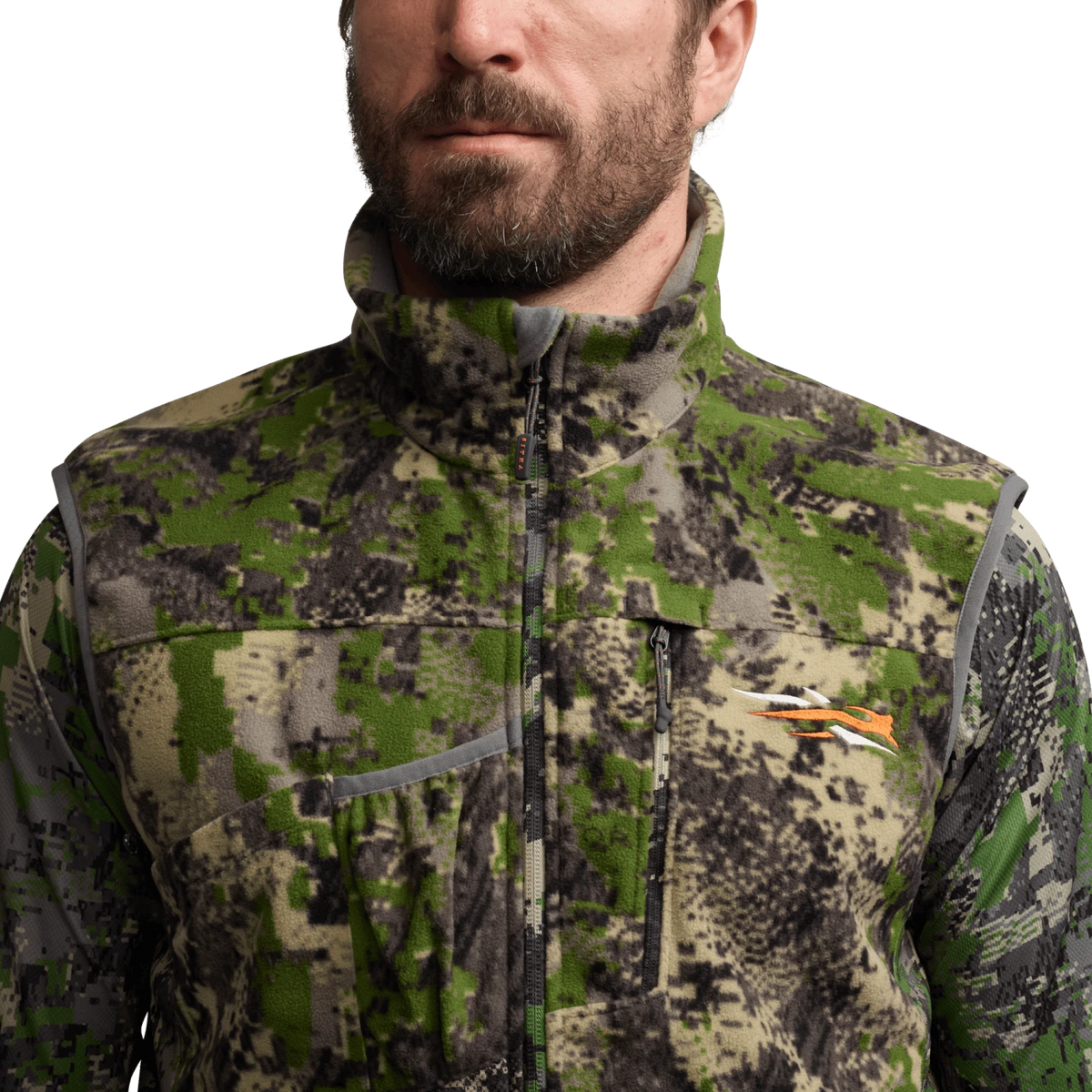 Green camo high-collar vest with full-length zipper and chest pocket detail