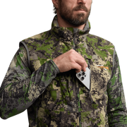Camouflage hunting vest with full-zip front, high collar, and side pockets
