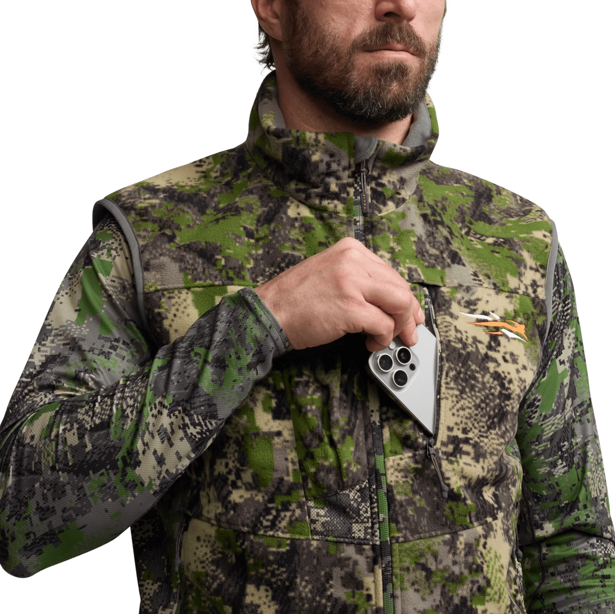 Camouflage hunting vest with full-zip front, high collar, and side pockets
