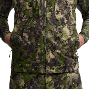Camouflage zip-front vest close-up with chest zipper panel and side pocket seams