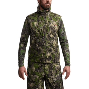 Green camouflage zip vest with high stand collar and chest pockets