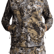 Camouflage zip-front hunting vest with drawcord hem and layered chest panel