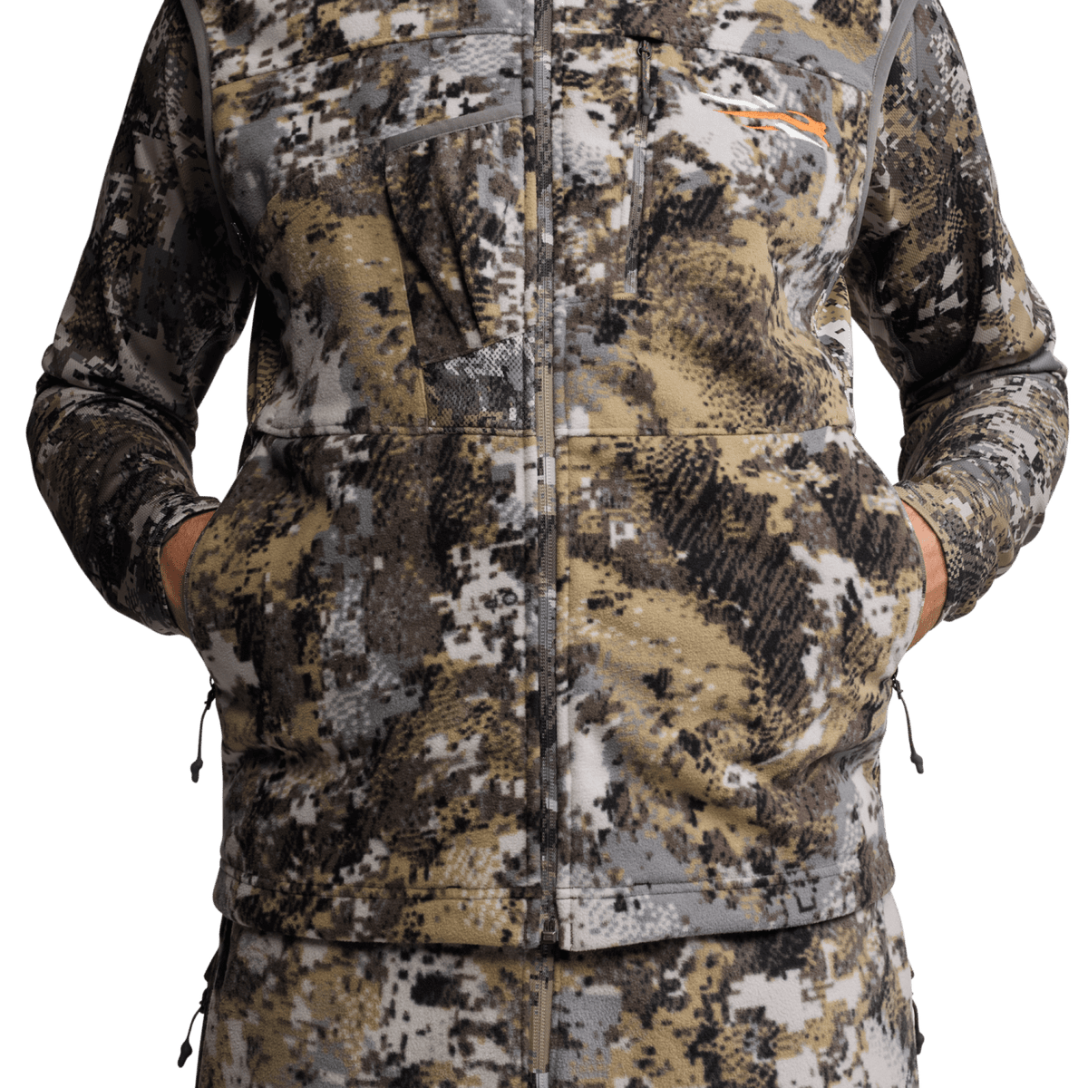 Camouflage zip-front hunting vest with drawcord hem and layered chest panel