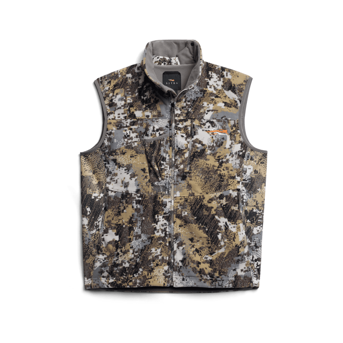 Stratus Vest 2.0 camouflage full-zip vest with stand collar and chest pockets, tan/gray