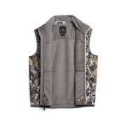 Hunting camouflage vest shown open, revealing gray interior lining and pockets