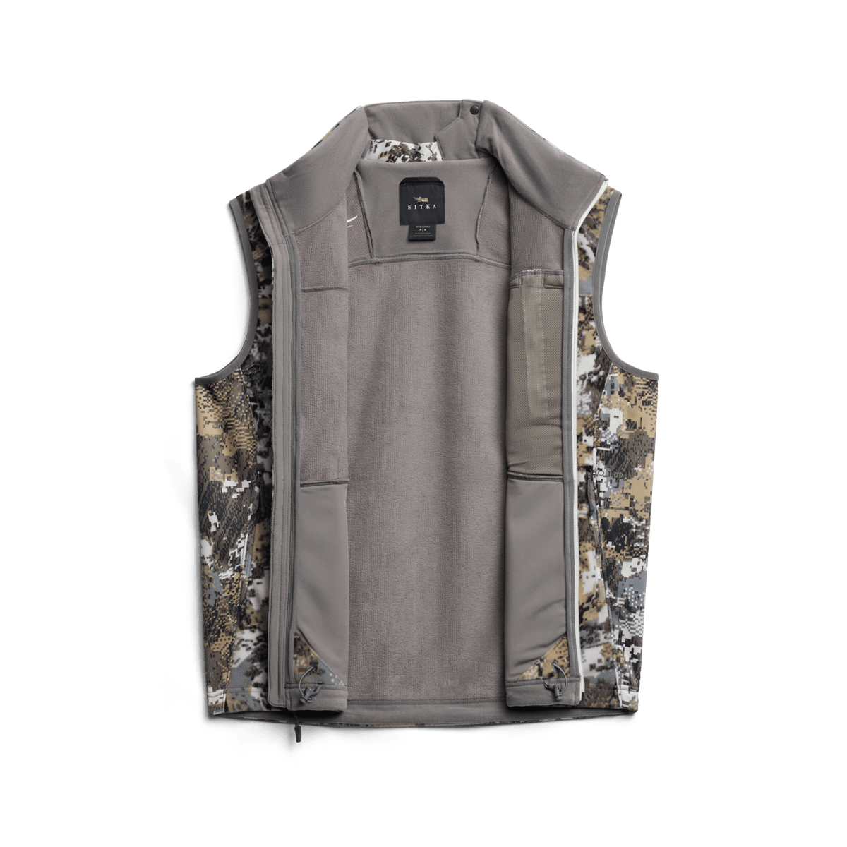 Hunting camouflage vest shown open, revealing gray interior lining and pockets