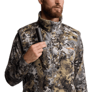 Camouflage full-zip vest with high stand collar and chest pocket panel detail