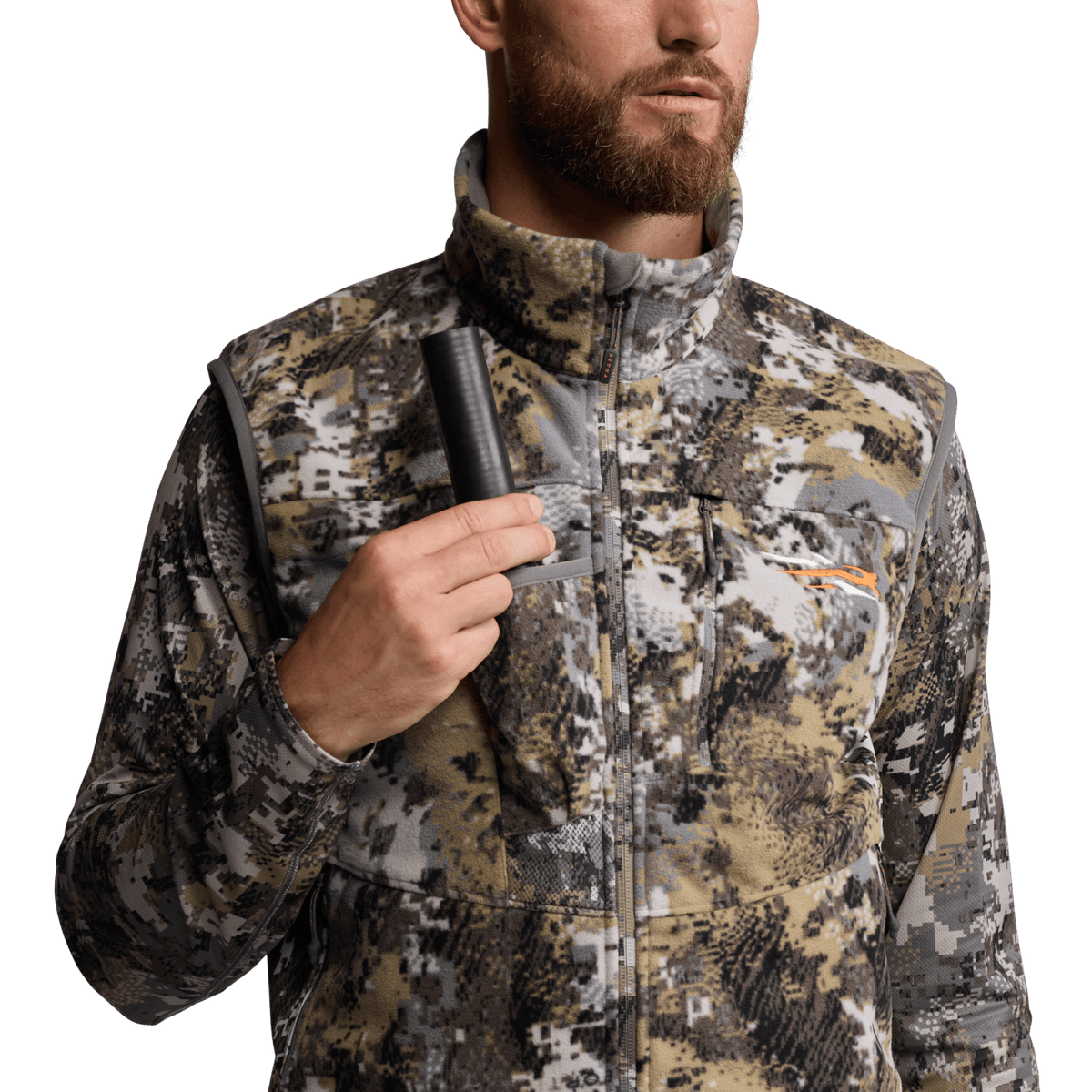 Camouflage full-zip vest with high stand collar and chest pocket panel detail