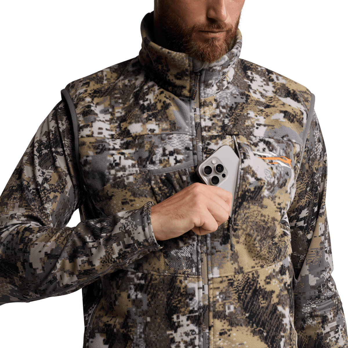 Stratus Vest 2.0 camouflage full-zip vest close-up with stand collar and chest logo patch