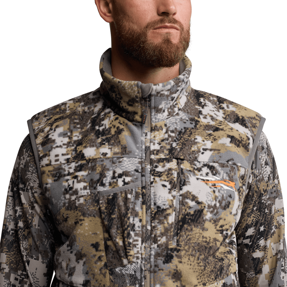 Tan-and-gray camouflage zip-up hunting vest with chest pocket flap, close-up