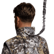 Stratus Vest 2.0 camouflage vest back view with raised collar and zipper tab, tan/gray