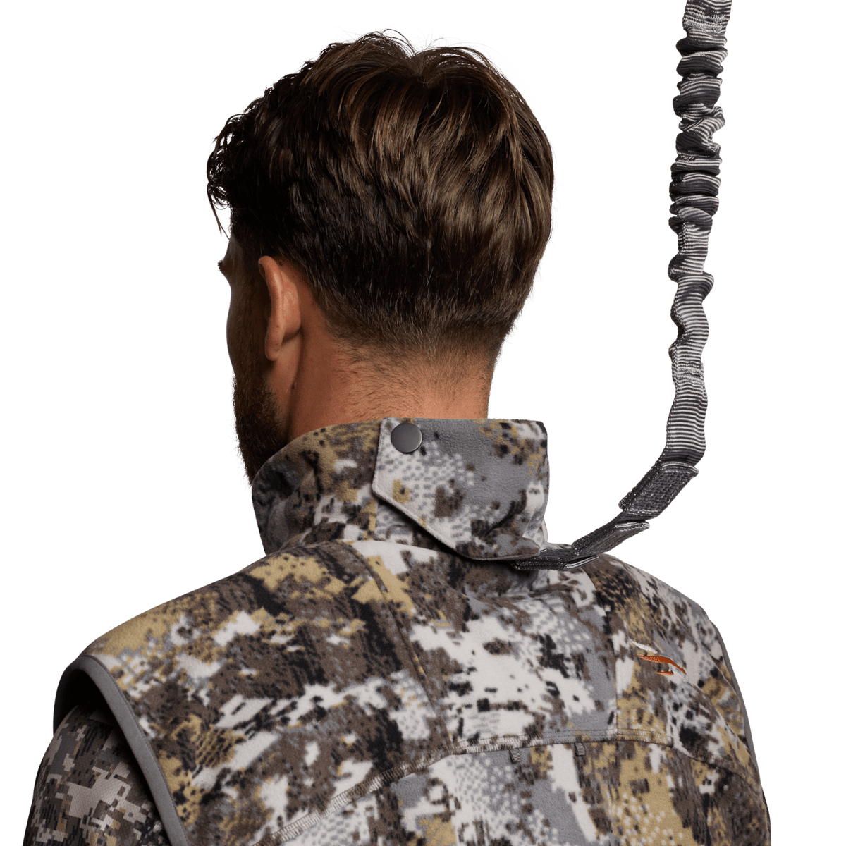 Stratus Vest 2.0 camouflage vest back view with raised collar and zipper tab, tan/gray