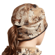 Women’s camouflage beanie viewed from back, brown and tan animal-print with black cuff