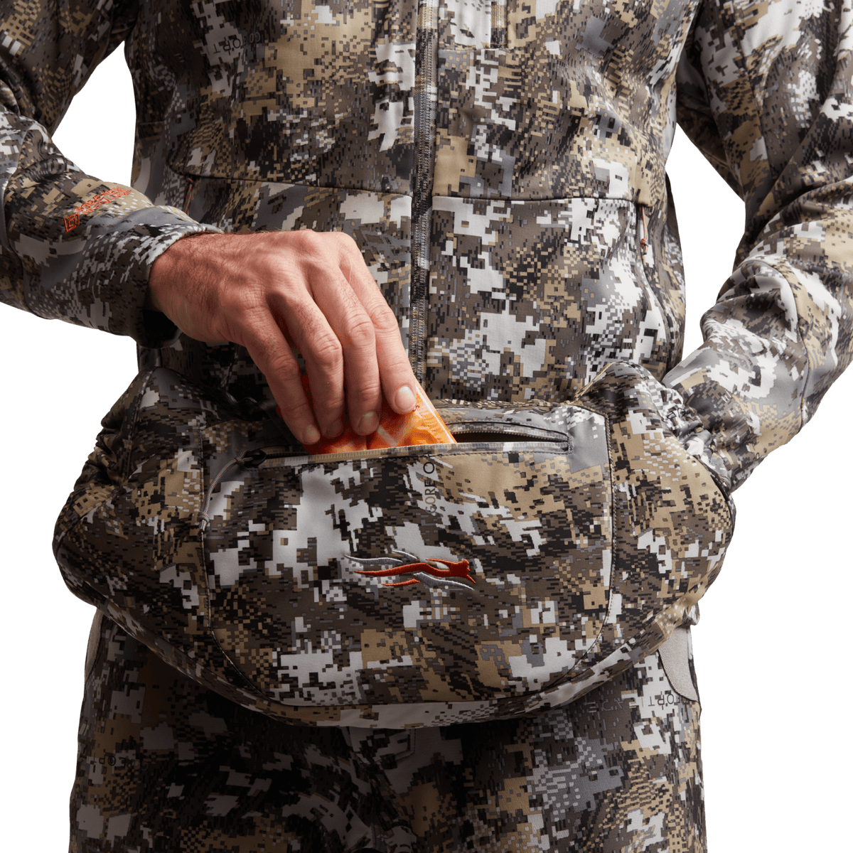 Camo insulated hand muff with zipper top and hand tucked inside