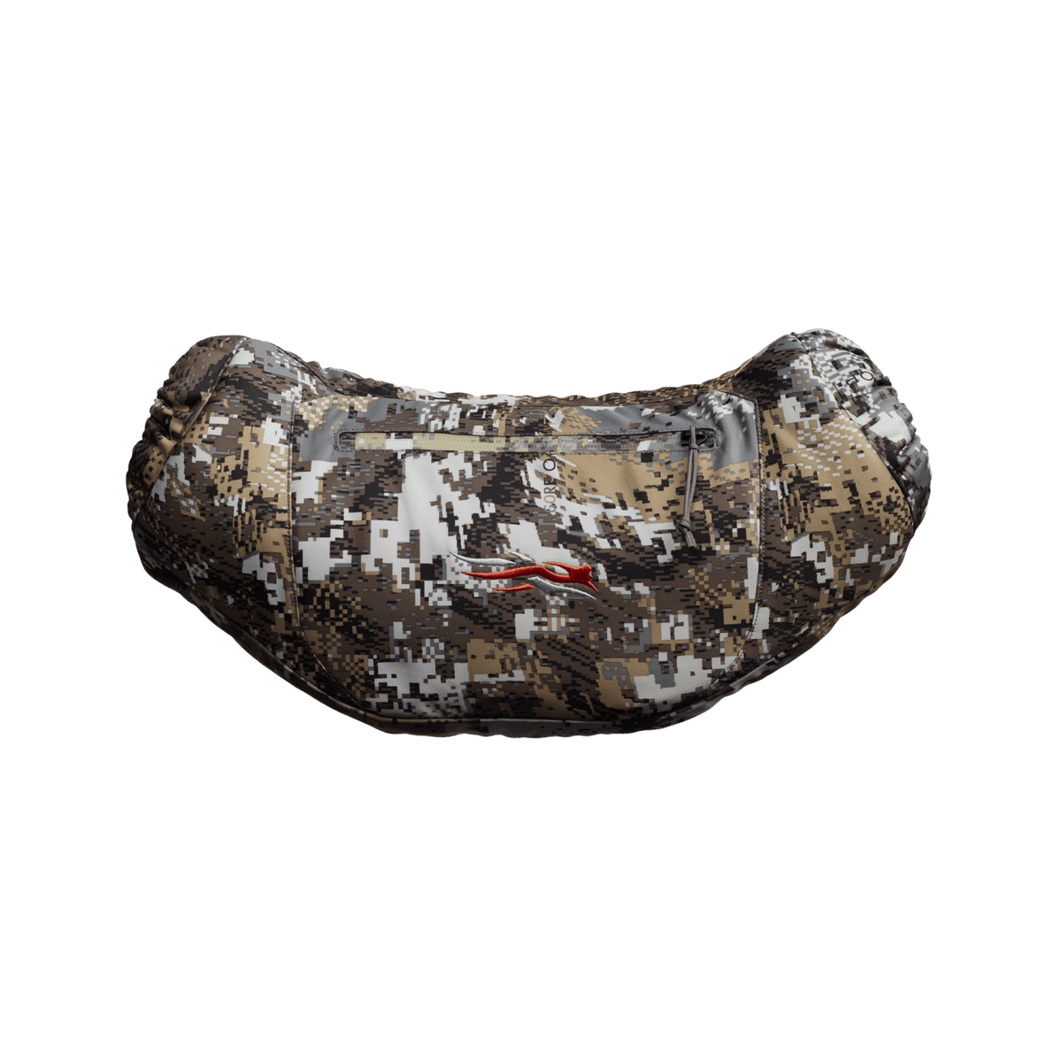 Camo insulated hand muff with rounded shape and top zipper track