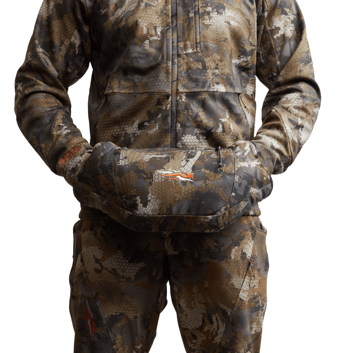 Camo insulated hand muff with front pouch, worn over matching camouflage
