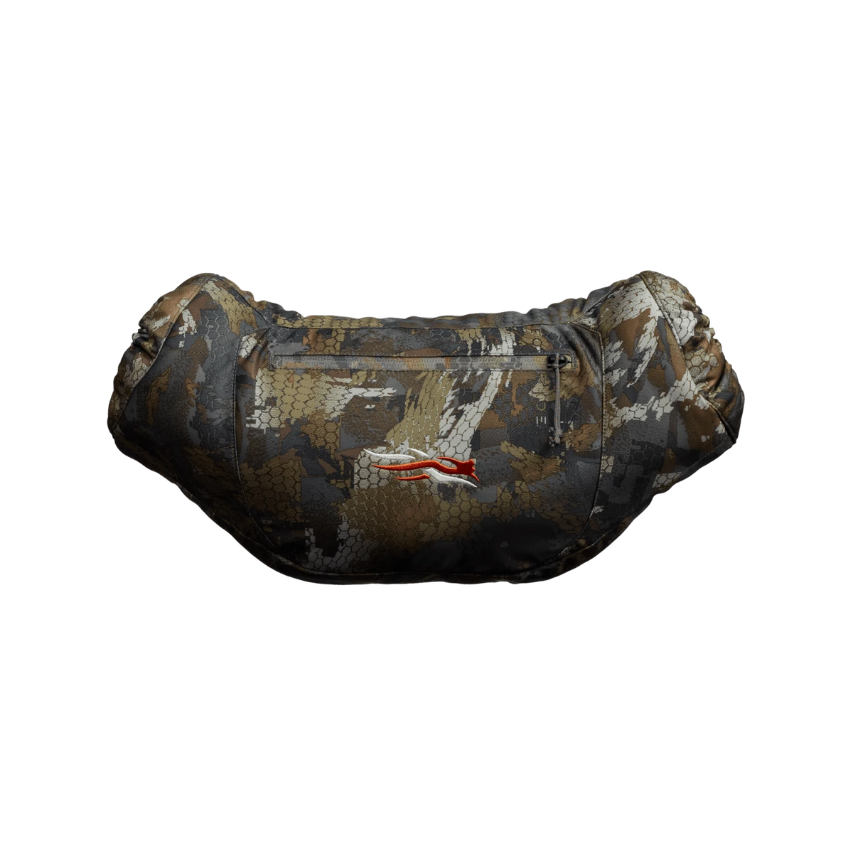 Insulated camo muff with front zipper pocket and padded side panels