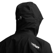 Black hooded jacket close-up with adjustable hood cord and logo on back