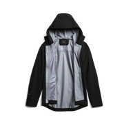 Black Dew Point jacket with hood open to reveal light gray inner lining.