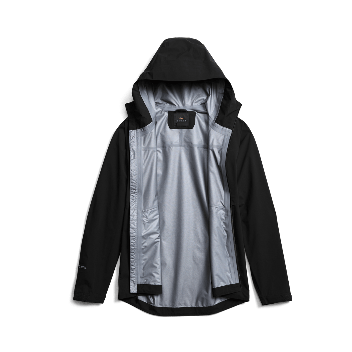 Black Dew Point jacket with hood open to reveal light gray inner lining.