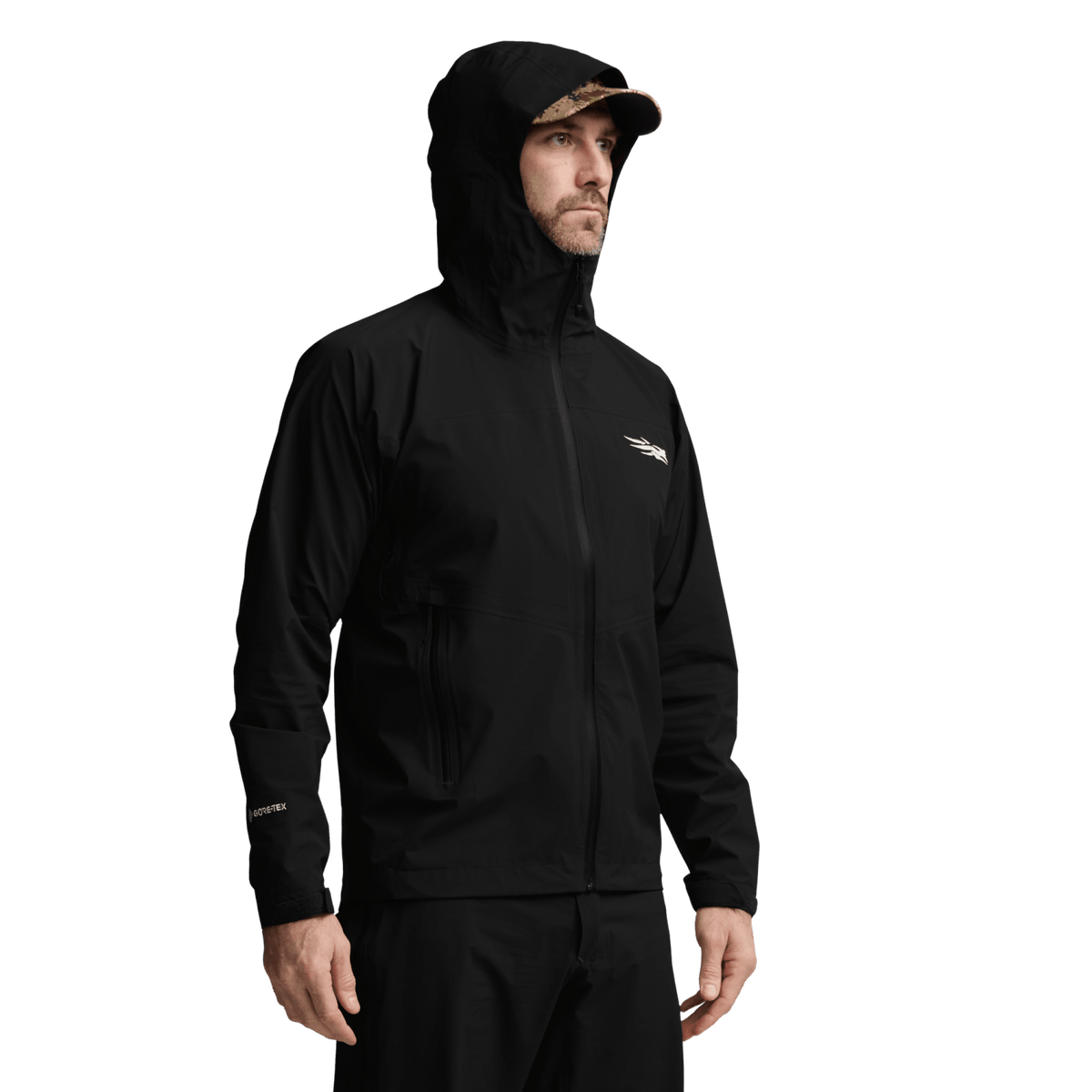 Black hooded jacket with front zipper, long sleeves, and small chest logo