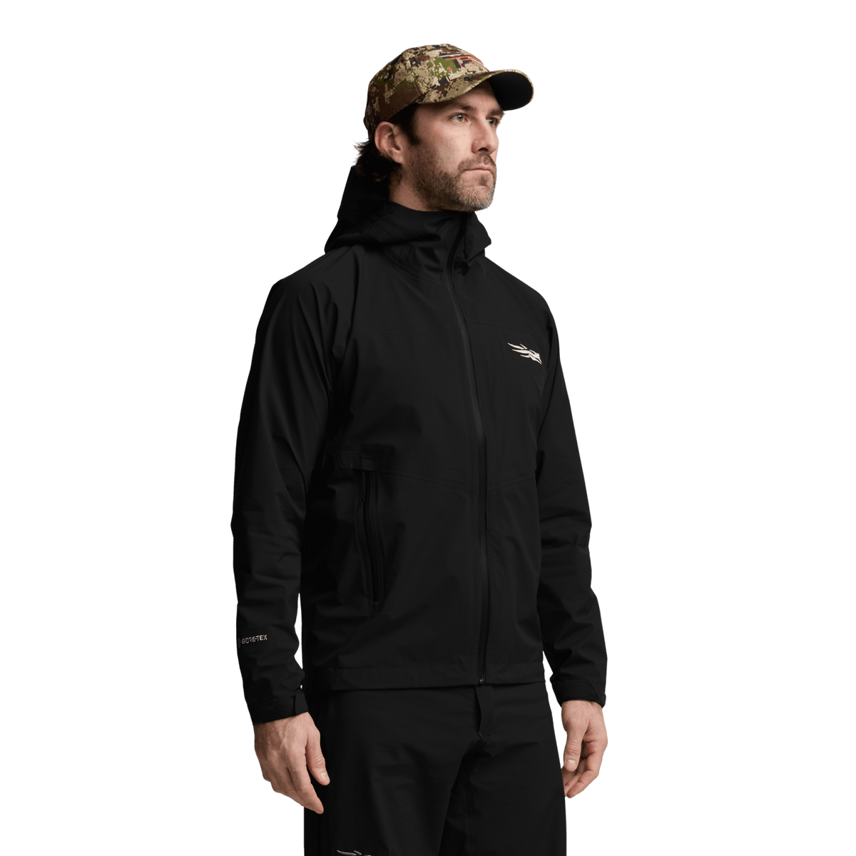 Black hooded jacket with zip-front and chest pocket, side view on model