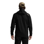 Black hooded jacket with full back coverage, rear view on model
