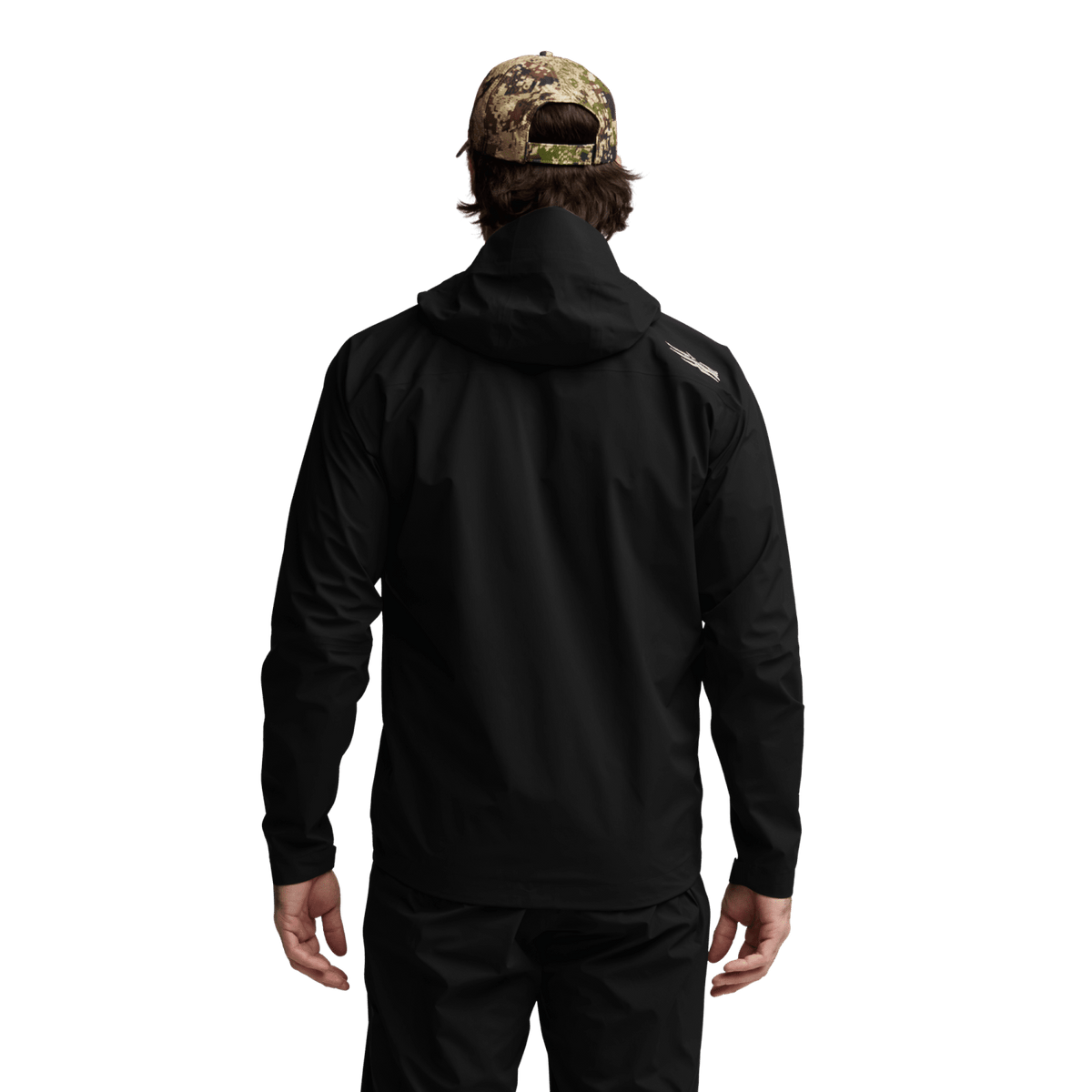 Black hooded jacket with full back coverage, rear view on model