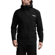 Black Dew Point jacket with stand collar, full front zipper, and chest logo.