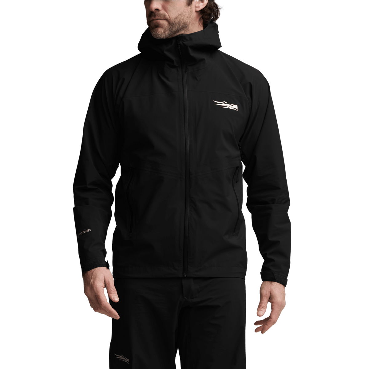 Black Dew Point jacket with stand collar, full front zipper, and chest logo.