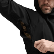 Black hooded jacket with full zip and interior camouflage lining