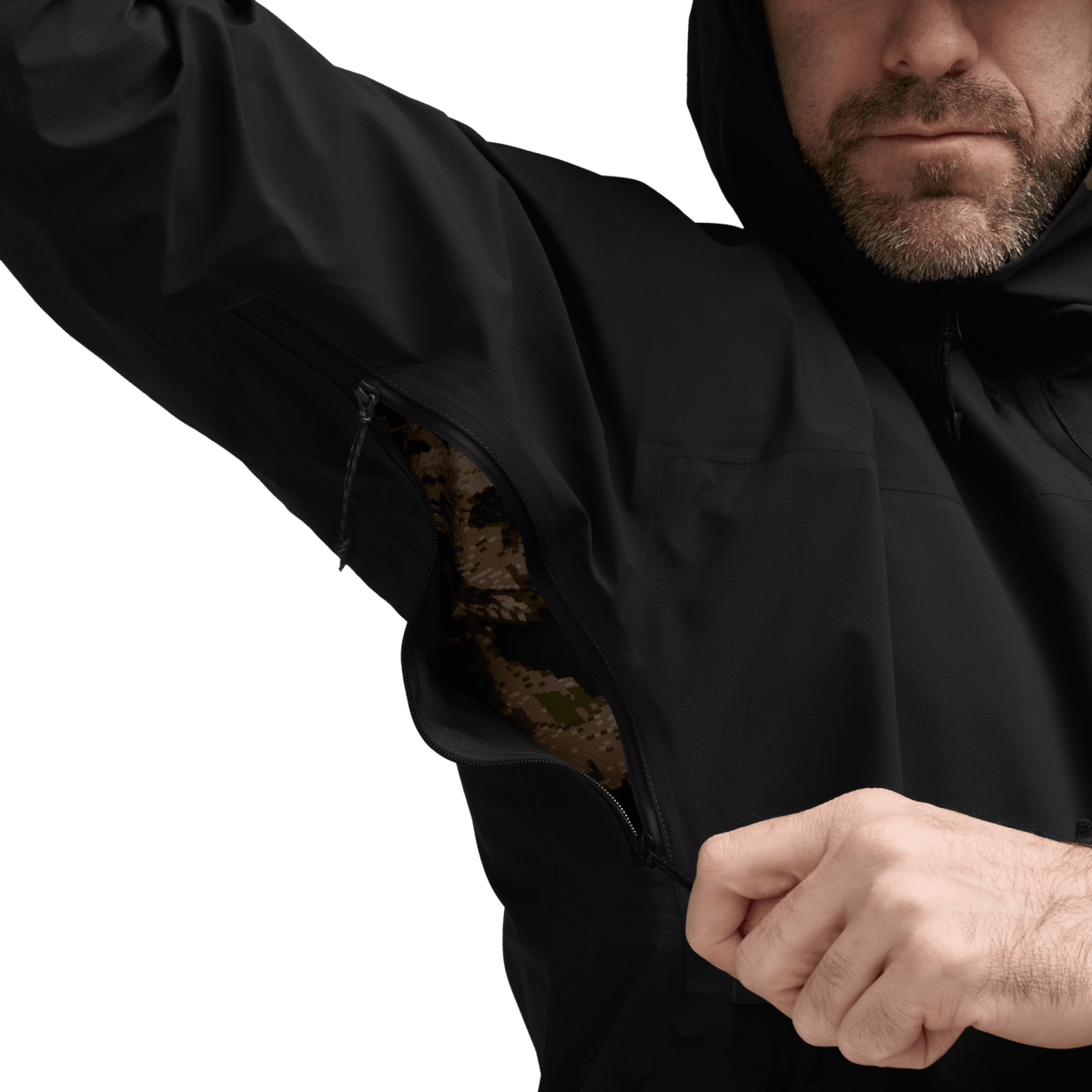 Black hooded jacket with full zip and interior camouflage lining