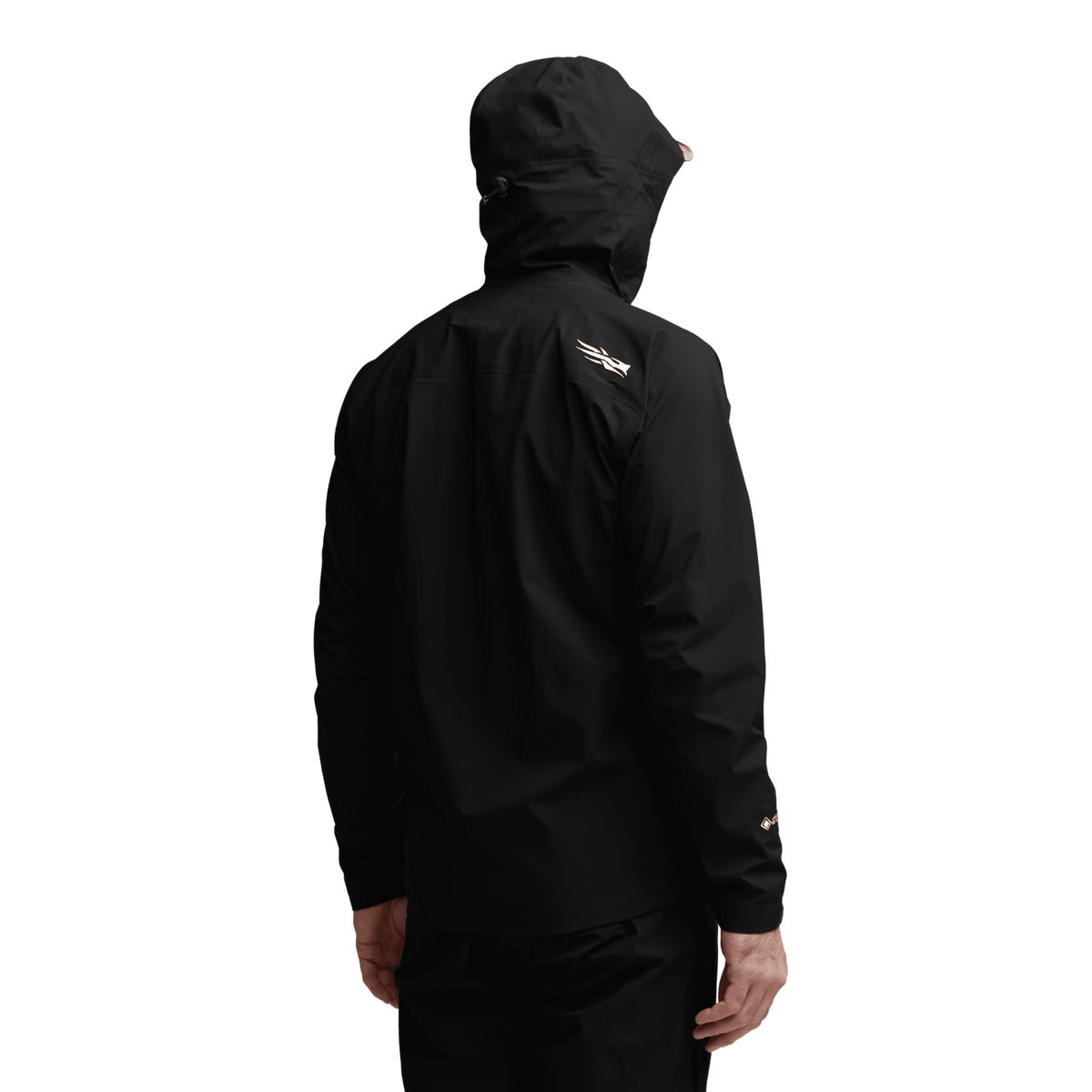Black Dew Point jacket with hood and back yoke, featuring a small logo on upper back.
