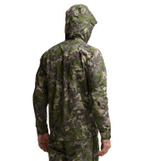 Camo hooded jacket back/side view with full hood and long sleeves