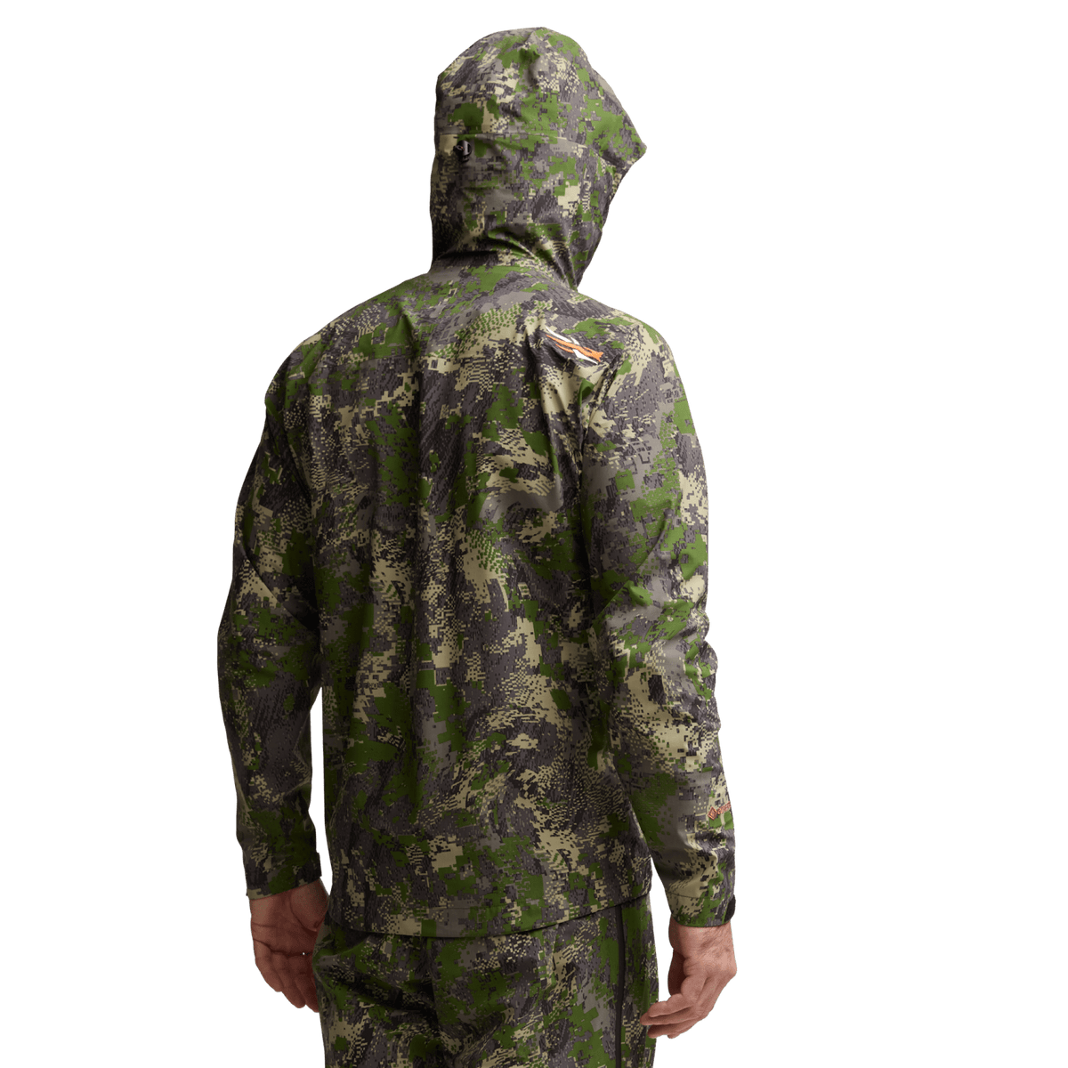 Camo hooded jacket back/side view with full hood and long sleeves