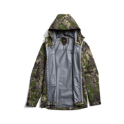 Green camo hooded jacket with gray inner lining, front view laid flat