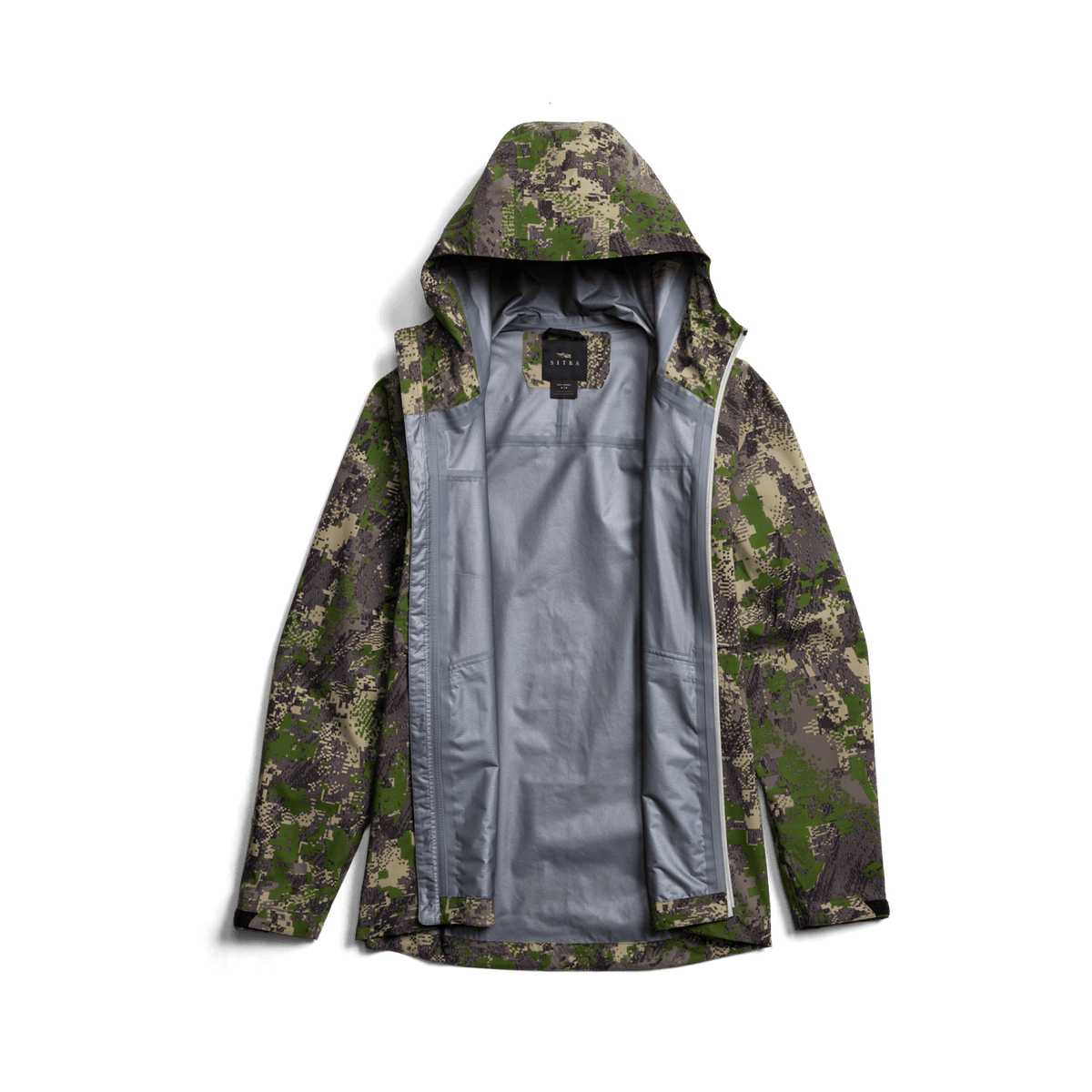 Green camo hooded jacket with gray inner lining, front view laid flat