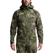 Green camo full-zip hooded jacket with front zipper and hand pockets
