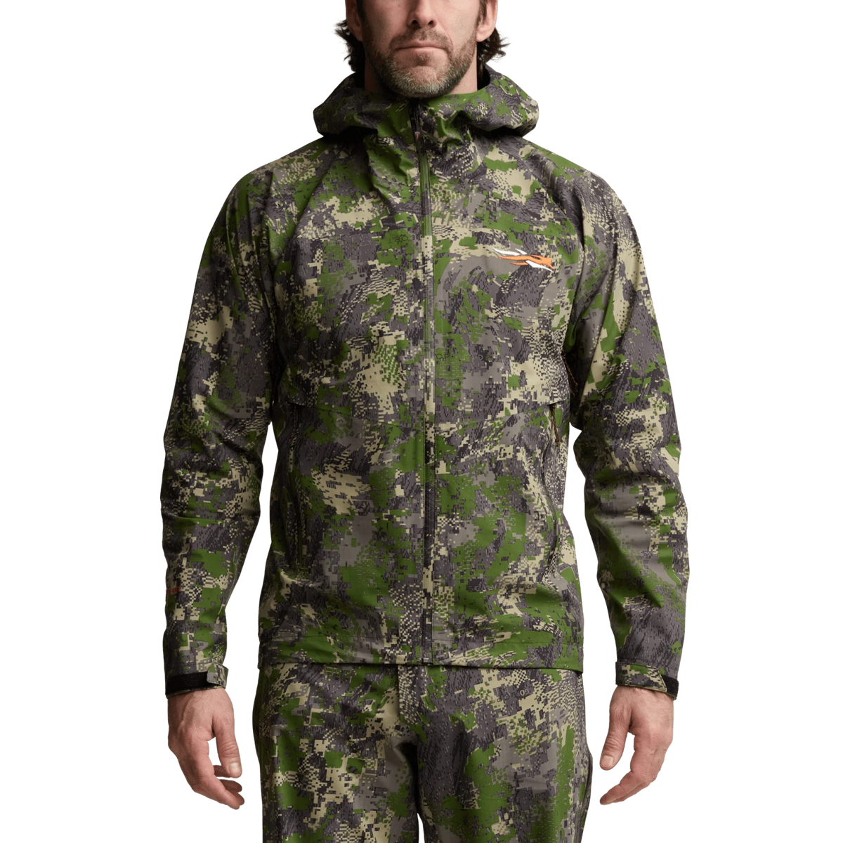 Green camo full-zip hooded jacket with front zipper and hand pockets